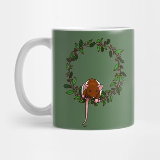 rat sitting on a holiday themed wreath Mug